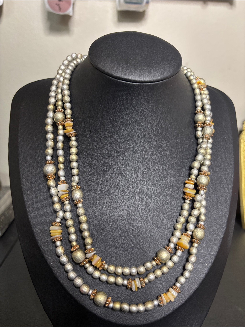 Vintage TripleStrand Metallic Silver  Gold Bead Necklace